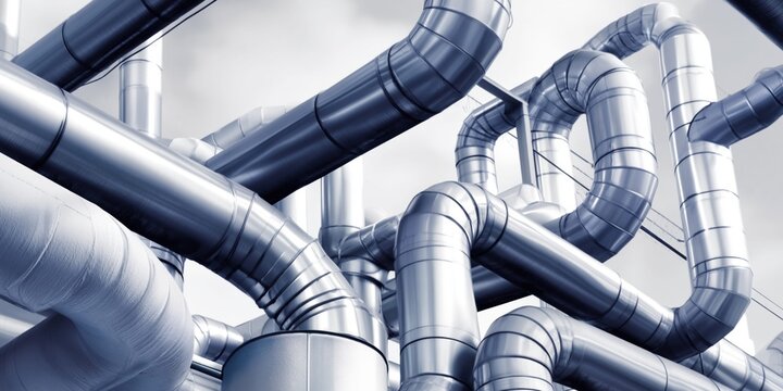 Complex network of industrial pipes and conduits in a modern facility