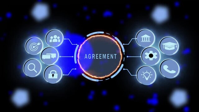 Digital hud interface featuring agreement concept with animated connection nodes and business for corporate presentations, legal technology, and contractual networking