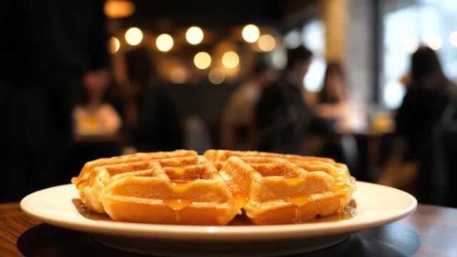 Close-up view of a plate of waffles placed on a wooden table in a bustling cafe setting during evening hours