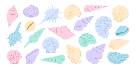 Collection of various sea shells and marine snails isolated on transparent background. Flat set of colorful underwater mollusk conches, scallops, starfish, spiraled and spiked oceanic crustacean. © Mila