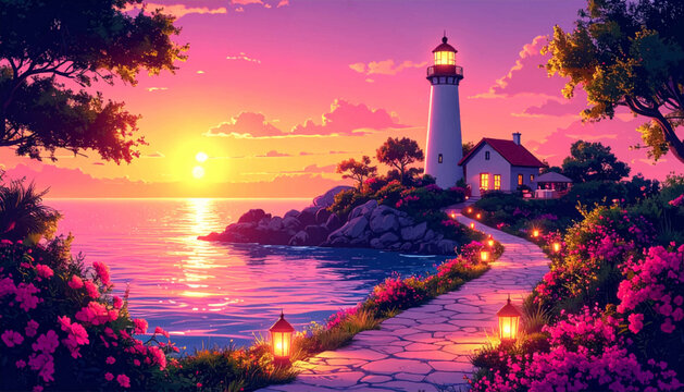Tropical sunset lighthouse with stone path lanterns and flowers. Vibrant coastal resort vector for travel ads and romantic decor. Golden ocean evening scene with beacon cottage palms and blossoms