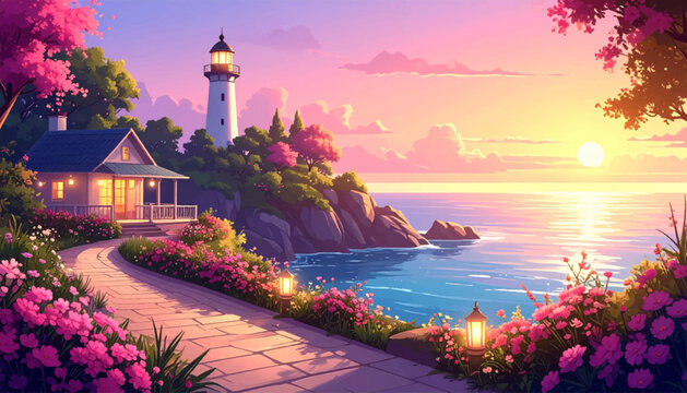 Sunset cottage terrace with lighthouse flowers and calm sea. Cozy coastal vector for resort branding and vacation rental ads. Warm seaside garden scene with lanterns cliffs and ocean horizon