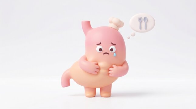 A cute 3D stomach character with a hungry and slightly sad expression, representing the need for food and proper nutrition. 