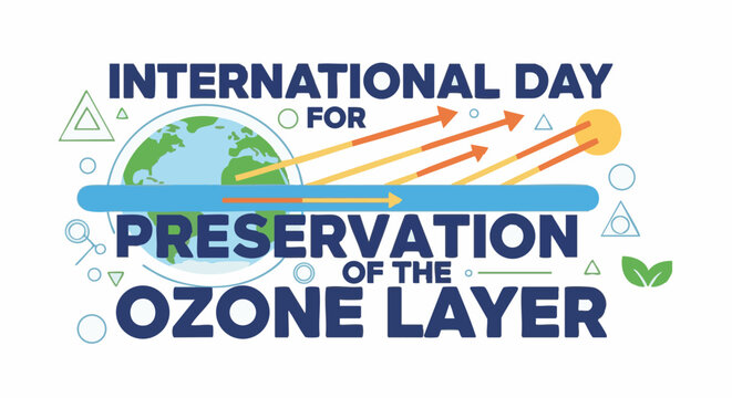 Earth with green leaves and blue International Day for Preservation of the Ozone Layer logo in colorful vibrant lighting for environmental conservation