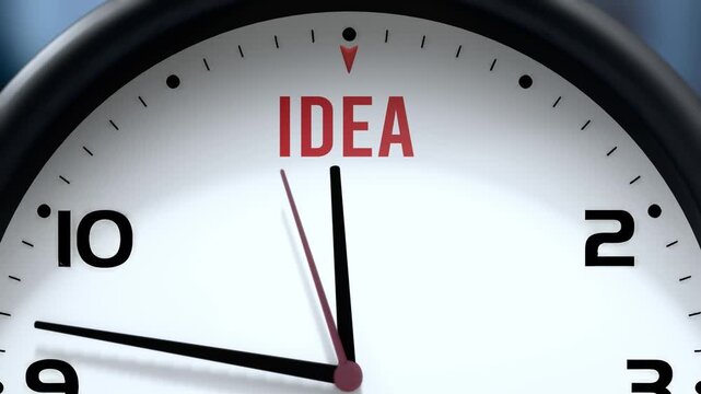 Idea that is going to happen soon. Upcoming idea, approaching in the near future. Idea almost here, in a short time - a clock symbolizes a reminder that idea is near, will be here in a little while.