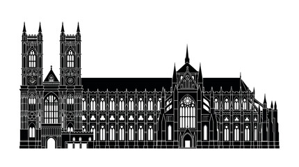Obraz premium Vector silhouette São Paulo Cathedral Brazil, neo‑gothic church landmark, ornate twin spires architecture, black and white artwork, cultural heritage monument, tourism, historic building