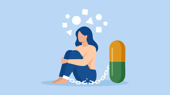 Woman chained to a giant pill, symbolizing drug addiction or dependency