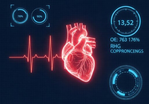 Red glowing heart with ekg line graph isolated on white background