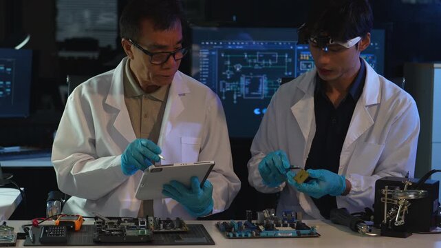 Computer Hardware Technician Repairing Motherboard with Soldering Iron in Electronics Lab.