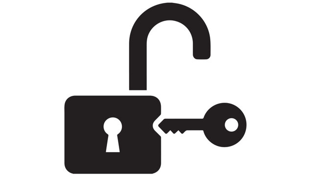 Padlock symbol appears as a black silhouette with an open shackle and a key inserted into the mechanism.
