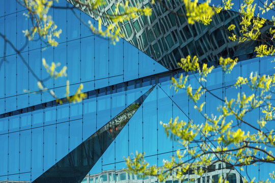Abstract reflections of buildings on a triangular blue glass facade framed by spring tree branches in Berlin.