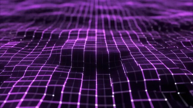"Digital purple grid landscape with glowing lines forming undulating wave pattern representing futuristic data network"
