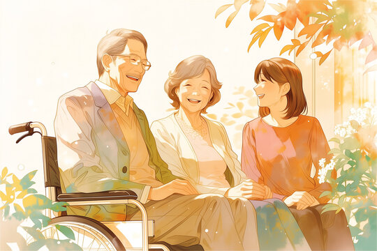 やわらかな陽だまりの中で笑顔を交わす高齢の両親と娘を描いた、家族の絆と介護・見守りの温かさを表現した優しいイラスト。車椅子の高齢男性を囲みながら穏やかに会話する安心感のある構図で、シニア福祉、在宅介護、家族支援、医療福祉サービス、人生の成熟期を前向きに伝える広告・広報向け人物イメージ素材