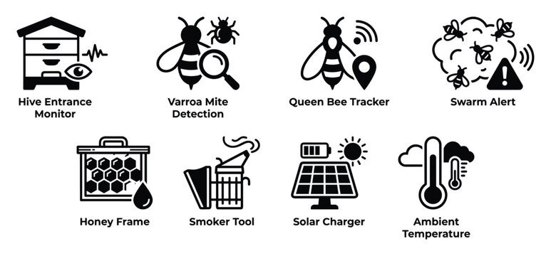 Beehive monitoring system icons for apiary management and swarm detection, varroa mite and queen bee tracking.