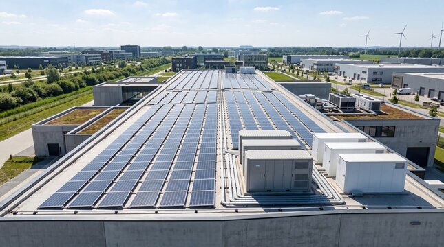 Aerial view of large industrial warehouse roof covered with solar panels and wind turbines in background, renewable energy power plant.
