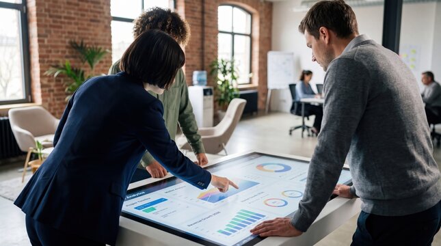 Business team analyzing data charts on interactive table, corporate strategy meeting in modern office with diverse professionals discussing financial reports and market trends