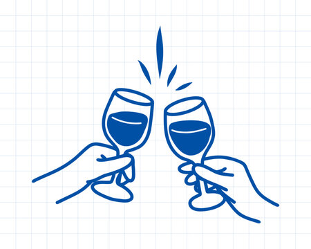 Blue line art hands clinking wine glasses doodle, simple toast celebration icon for summer party and travel dining. Vector illustration.