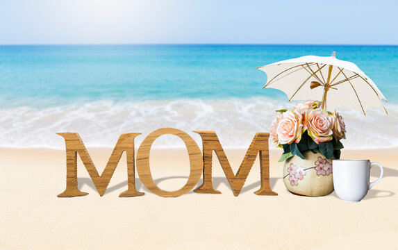 Mother's day card background idea, mom wooden font with flower vase on tropical beach