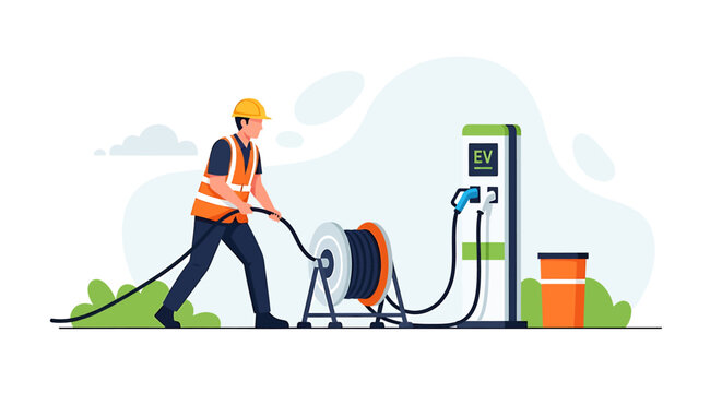 Electrician connecting charging cable to electric vehicle charging station.