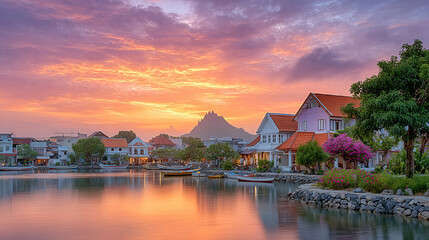 Fototapeta premium A picturesque lakeside village is bathed in the warm, golden light of a dramatic sunset. Traditional houses with orange roofs line the shore, reflecting in the calm water, while a prominent mountain 