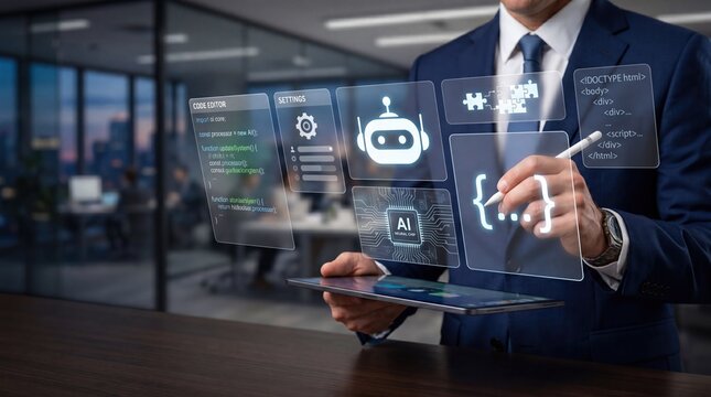 Programmer in suit coding robotics and AI algorithms on tablet, surrounded by floating screens showing HTML, settings, and puzzle pieces.