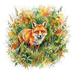 Fototapeta premium Red fox peeking curiously out from tall meadow grass Watercolor Animal Illustration Hand Painted