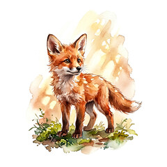 Fototapeta premium Single fox cub with big triangular ears standing alone in a sunlit clearing Watercolor Animal Illustration Hand Painted
