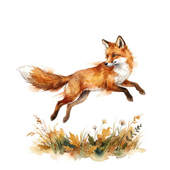 Fototapeta premium Red fox leaping gracefully through mid-air in playful pursuit Watercolor Animal Illustration Hand Painted