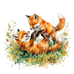 Fototapeta premium Two playful fox kits wrestling together in the grass Watercolor Animal Illustration Hand Painted