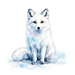Fototapeta premium Fluffy arctic fox sitting alert in soft winter snow Watercolor Animal Illustration Hand Painted