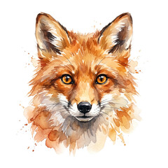 Fototapeta premium Red fox face portrait looking forward with bright curious amber eyes Watercolor Animal Illustration Hand Painted