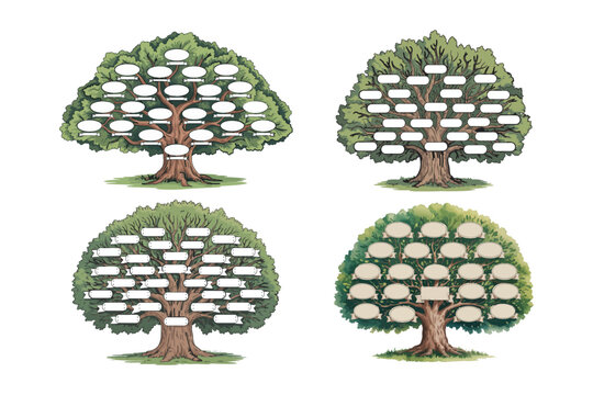 A collection of four illustrated family trees with blank name labels for genealogical heritage displays