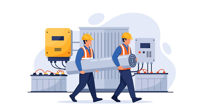 Two electricians carrying equipment at an electrical substation.