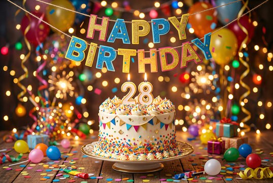 Happy 28th birthday cake, sparkling candles, confetti, festive decorations, bokeh lights, celebratory.
