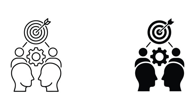 Business goal achievement and strategic planning icon set showing team aligning with target and working with gears representing professional objective setting and collaborative success in corporate