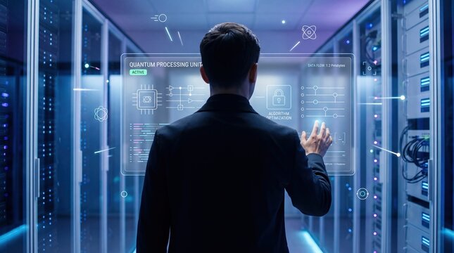 Quantum computing processing unit active status display, algorithm optimization and cybersecurity encryption protocols in futuristic high-tech server room aisle.