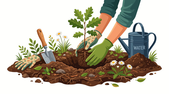 Gardener planting a tree seedling with tools and watering can