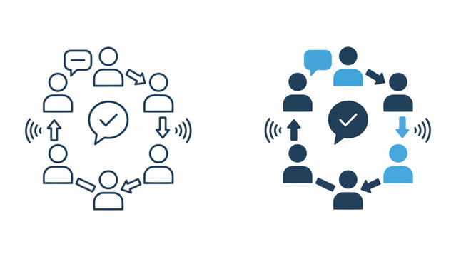 Team communication and feedback loop icon set with circular workflow and message bubbles in linear and solid color styles for business collaboration