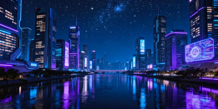 A futuristic cyberpunk city waterfront at starry night, with neon lights reflecting on the calm river, showcasing modern skyscrapers and digital billboards.