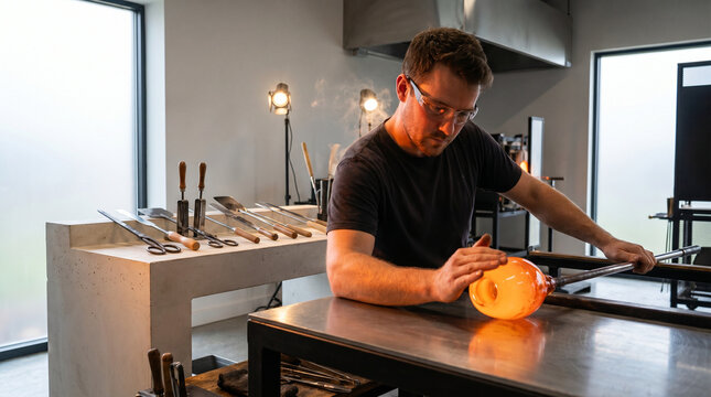 Molten glass gob dropping from a blowpipe onto a marver table in a professional glass studio, reflected orange glow illuminating the glassbl 3