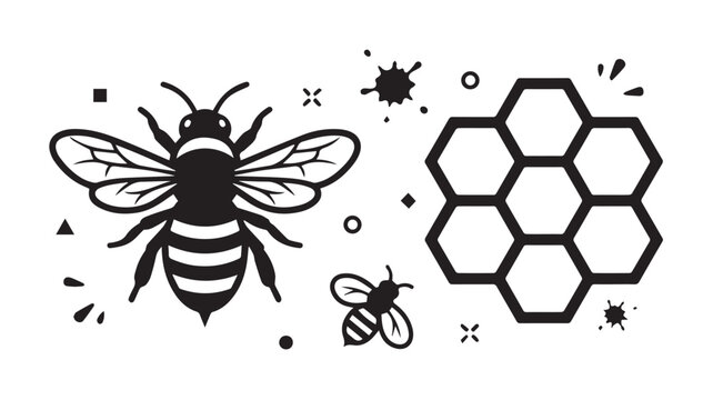 Bee icon set features a minimalist insect design and geometric honeycomb patterns on a clean white background.