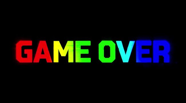 Retro pixel game over text with colorful style letters on dark background