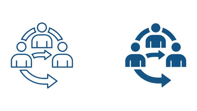 Team workflow process with circular arrows and task transition vector icon set representing group cooperation and business operation cycles in professional linear and flat graphic styles