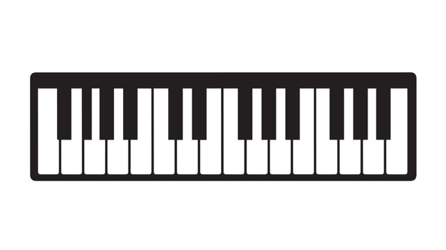 Piano keys illustrate a classic black and white horizontal arrangement of musical notes.