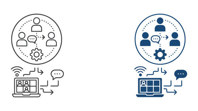 Remote team communication and online meeting vector icon set with video call interface and network symbols in thin line and solid blue styles for professional digital collaboration platforms