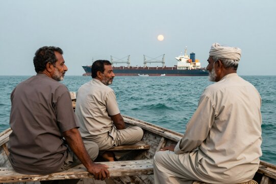 Iranian fishermen on traditional dhow observing cargo ship
