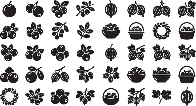 Gooseberry and cranberry fruit icon set black vector silhouettes on white background.
