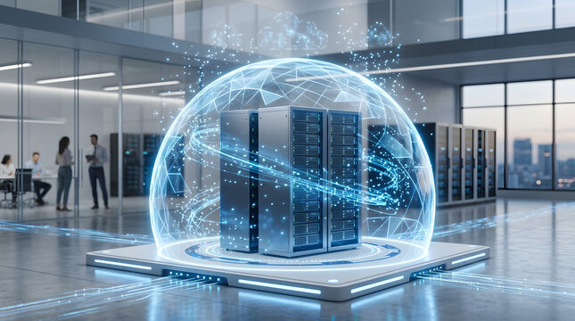 Cloud computing server cluster secured by a glowing digital dome in a hightech data center