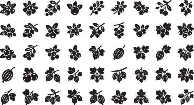 Berry icon set with various fresh berries and fruits, black glyph illustrations for healthy food, vegetarian nutrition, and desserts.
