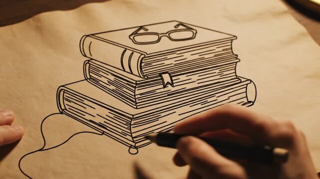 Artist hand drawing stack of books with glasses on paper.
